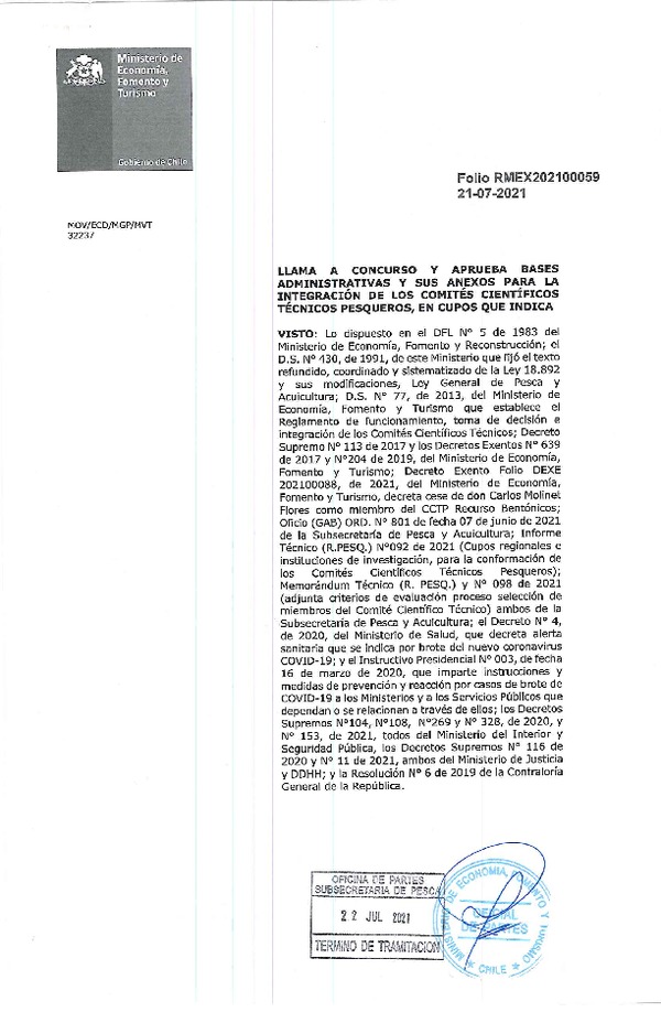 R:M: EX. N° Folio 202100059 Llama a Concurso y Aprueba Bases Administrativas y sus Anexos para la Integración de los Comités Científicos Técnicos Pesqueros, en Cupos que Indica. (Publicado en Página Web 27-07-2021)