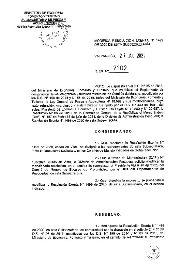 Res. Ex. N° 2102-2021 Modifica resolución exenta N°1499 de 2020 de esta Subsecretaría. (Publicado en Página Web 27-07-2020)