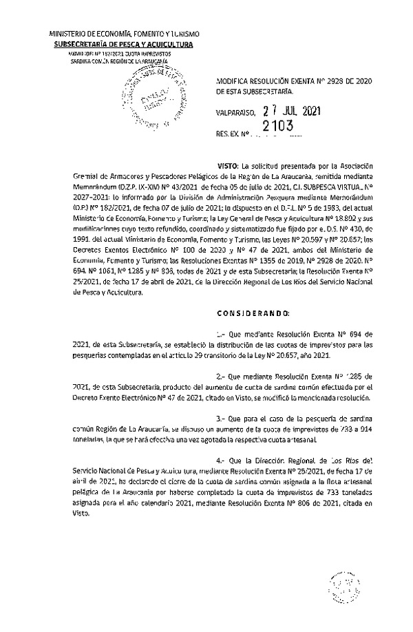 Res. Ex. N°2103-2021 Modifica resolución exenta N°2928 de 2020 de esta Subsecretaría. (Publicado en Página Web 27-07-2020)