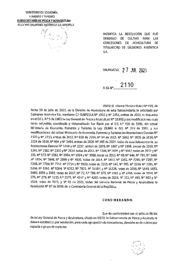 Res. Ex N°2110-2021 Modifica la resolución que fijó densidad de cultivo para las concesiones de acuicultura de titularidad de Salmones Antártica S.A. (Publicado en Página Web 27-07-2021).