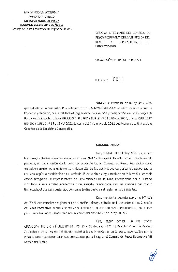 Res. Ex. N°0011-2021 (DZP Ñuble y del Biobío) Designa integrante del Consejo de Pesca Recreativa de la VIII Región del Biobío a representante de universidades (Publicado en Página Web 28-07-2021).