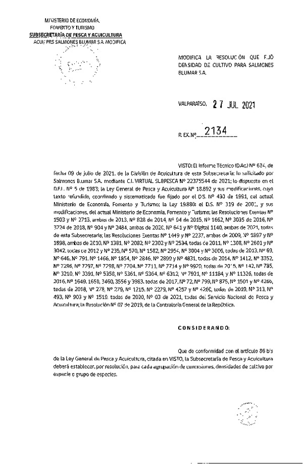 Res. Ex. N°2134-2021 Modifica la Resolución que fijó densidad de cultivo para Salmones Blumar S.A. (Con Informe Técnico) (Publicado en Página Web 28-07-2021).