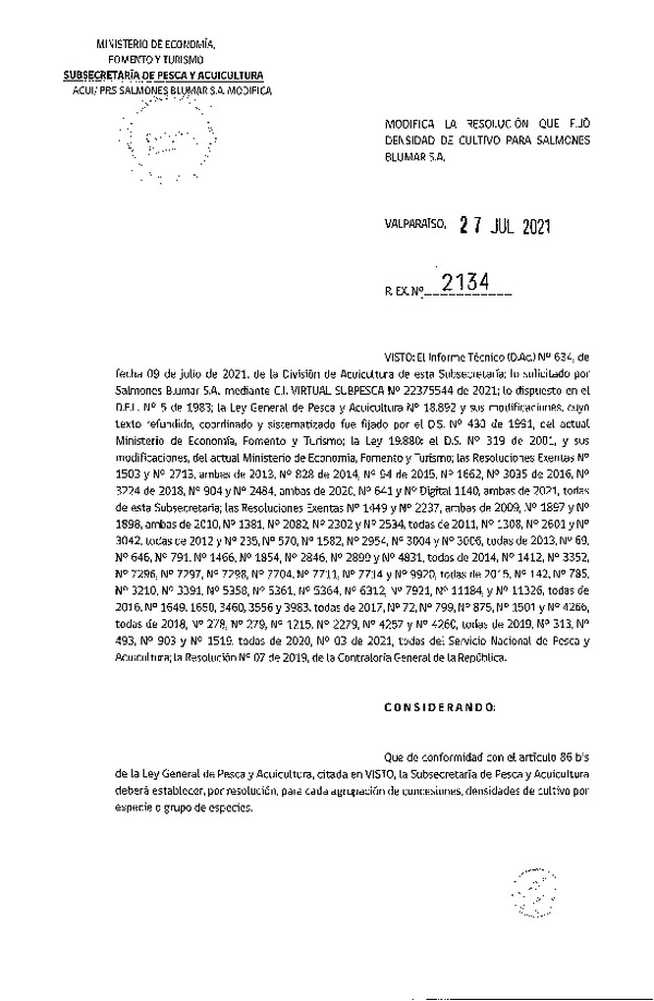 Res. Ex. N°2134-2021 Modifica la Resolución que fijó densidad de cultivo para Salmones Blumar S.A. (Con Informe Técnico) (Publicado en Página Web 28-07-2021).