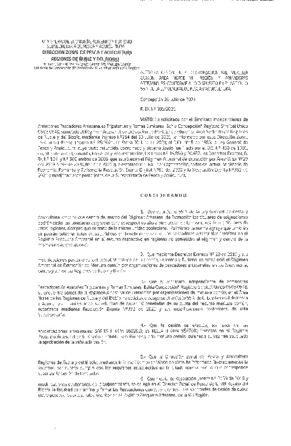 Res. Ex. N° 095-2021 (DZP Ñuble y del Biobío) Autoriza cesión Merluza Común. (Publicado en Página Web 02-08-2021)