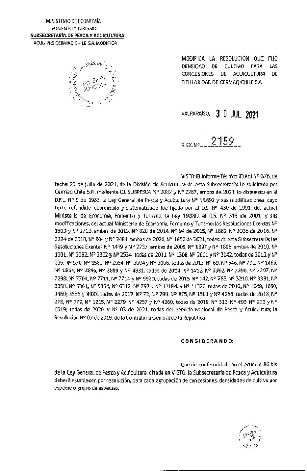 Res. Ex. N° 2159-2021 Modifica Res. Ex. N° 1850-2021 Fija densidad de cultivo para las concesiones de acuicultura de Titularidad de Cermaq Chile S.A.(Con Informe Técnico) (Publicado en Página Web 02-08-2021)