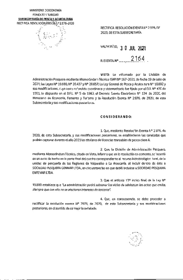 Res. Ex. N° 2164-2021 Rectifica Res. Ex. N° 2976-2020 Establece Toneladas para Titulares de LTP clase A Año 2021 y Fija Nómina de Titulares, Arrendatarios y Meros Tenedores. (Publicado en Página Web 02-08-2021)