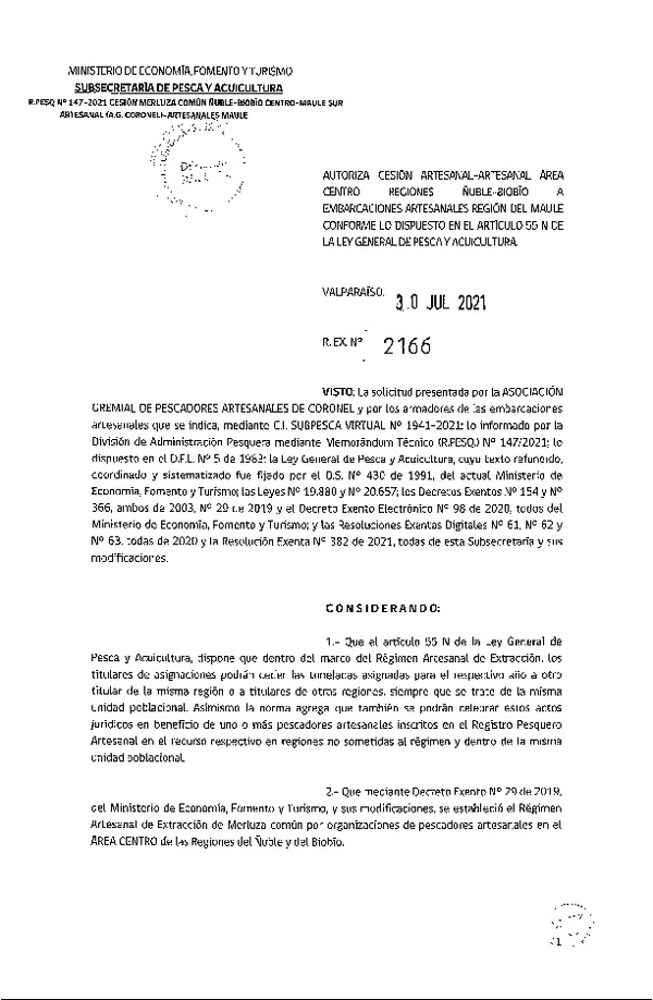 Res. Ex. N° 2166-2021 Autoriza cesión de Merluza Común Región de Ñuble- Biobío a Maule. (Publicado en Página Web 02-08-2021)
