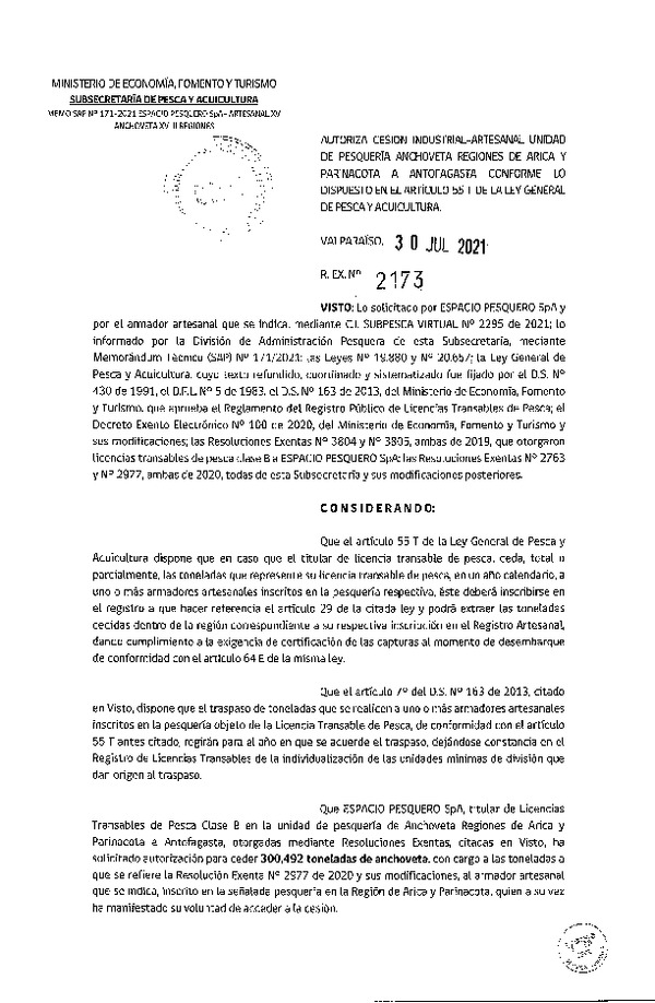 Res. Ex. N° 2173-2021 Autoriza Cesión Anchoveta, Regiones de Arica y Parinacota a Región de Antofagasta. (Publicado en Página Web 02-08-2021)