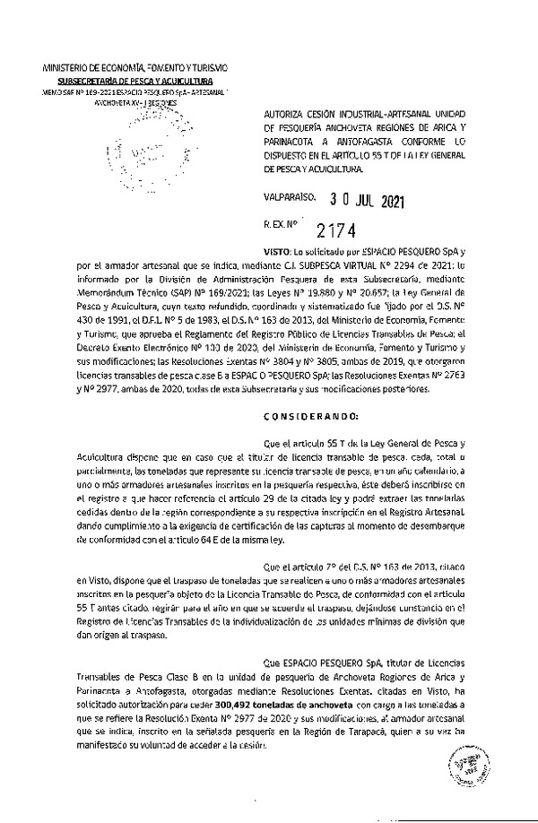 Res. Ex. N° 2174-2021 Autoriza Cesión Anchoveta, Regiones de Arica y Parinacota a Región de Antofagasta. (Publicado en Página Web 02-08-2021)