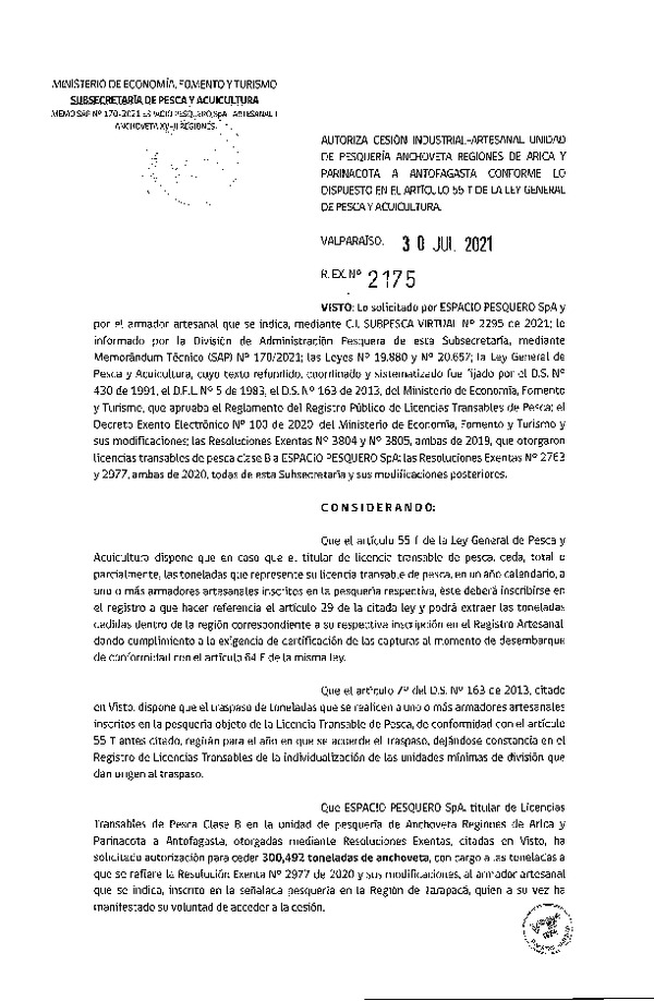 Res. Ex. N° 2175-2021 Autoriza Cesión Anchoveta, Regiones de Arica y Parinacota a Región de Antofagasta. (Publicado en Página Web 02-08-2021)