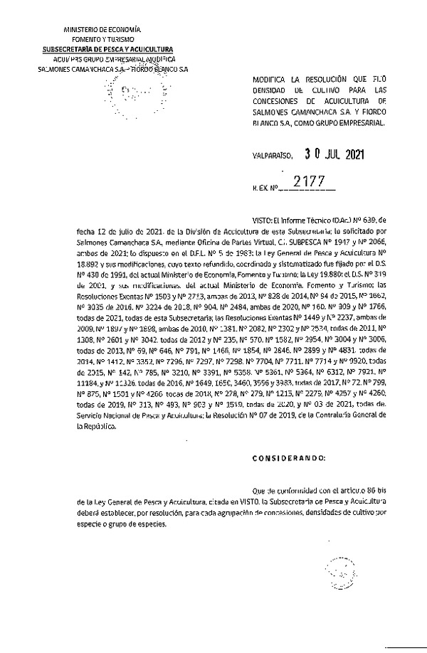 Res. Ex. N° 2177-2021 Modifica Res. Ex. N° 909-2021 Modifica Res. Ex. 160-2021 Fija densidad de cultivo para concesiones de acuicultura de titularidad como grupo empresarial que señala. (Con Informe Técnico) (Publicado en Página Web 02-08-2021)