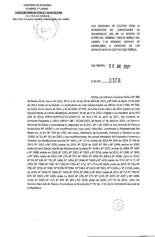 Res. Ex. N° 2178-2021 Fija densidad de cultivo para las agrupación de concesiones de salmónidos 26A en la Región de Aysén del General Carlos Ibáñez del Campo. (Con Informe Técnico) (Publicado en Página Web 02-08-2021)