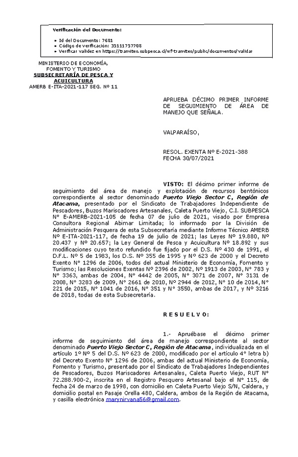 RESOL. EXENTA Nº E-2021-388 Aprueba 11° Seguimiento. (Publicado en Página Web 03-08-2021)