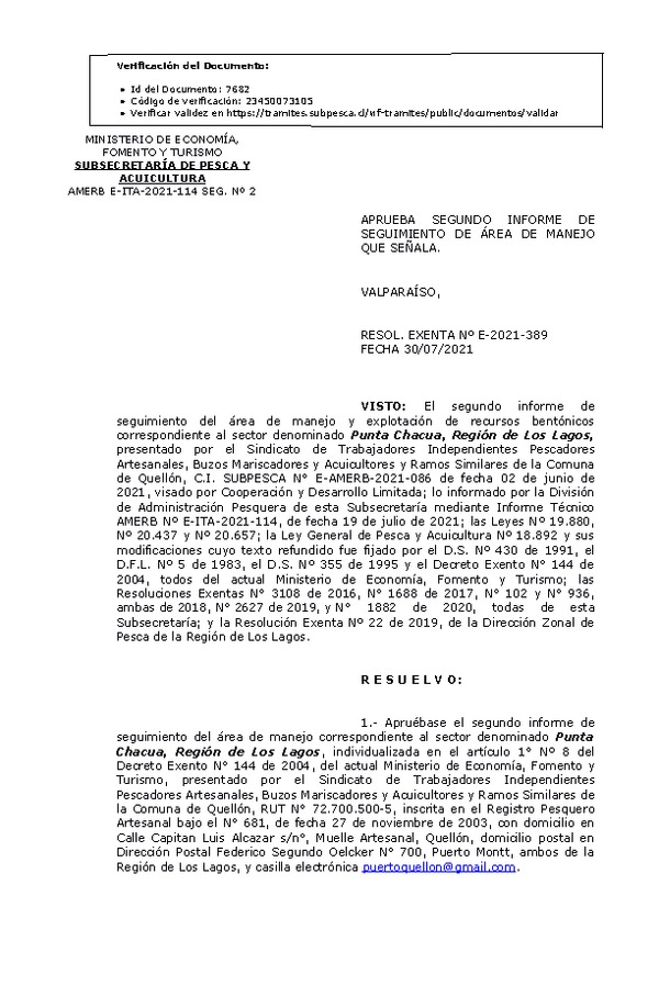 RESOL. EXENTA Nº E-2021-389 Aprueba 2° Seguimiento. (Publicado en Página Web 03-08-2021)