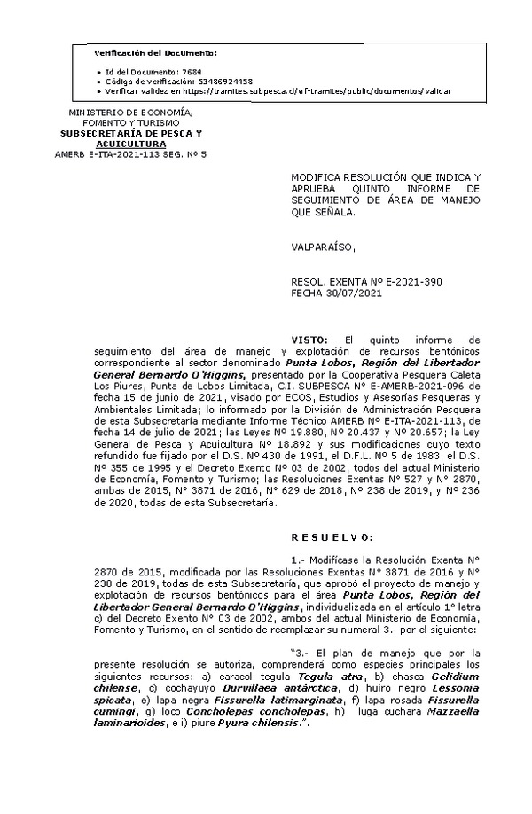 RESOL. EXENTA Nº E-2021-390 Modifica resolución que indica, Aprueba 5° Seguimiento. (Publicado en Página Web 03-08-2021)