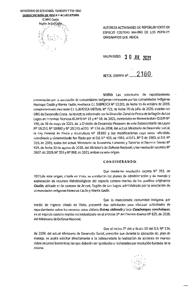 Res. Ex. N° 2180-2021 Autoriza actividades de repoblamiento en ECMPO Caulín, Región de Los Lagos. (Publicado en Página Web 03-08-2021)