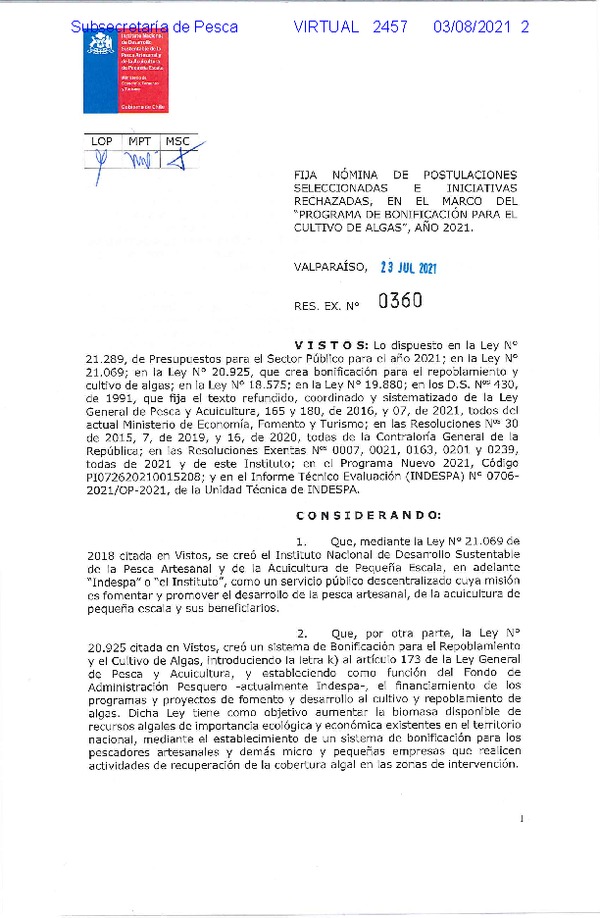 Res. Ex. N° 360-2021 (INDESPA) Fija Nómina de Postulaciones Seleccionadas e Iniciativas Rechazadas en el Marco del Programa de Bonificación Para el Cultivo de Algas, Año 2021. (Publicado en Página Web 03-08-2021)