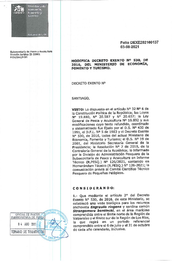 Dec. Ex. Folio 202100137 Modifica Dec. Ex. Nº 530-2016 Que Estableció Veda Biológica para los Recursos Anchoveta y Sardina Común Región de Valparaíso a Región de Los Ríos. (Publicado en Página Web 05-08-2021)