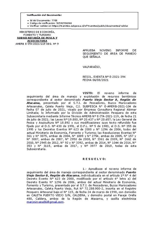 RESOL. EXENTA Nº E-2021-394 Aprueba 9° Seguimiento. (Publicado en Página Web 06-08-2021)