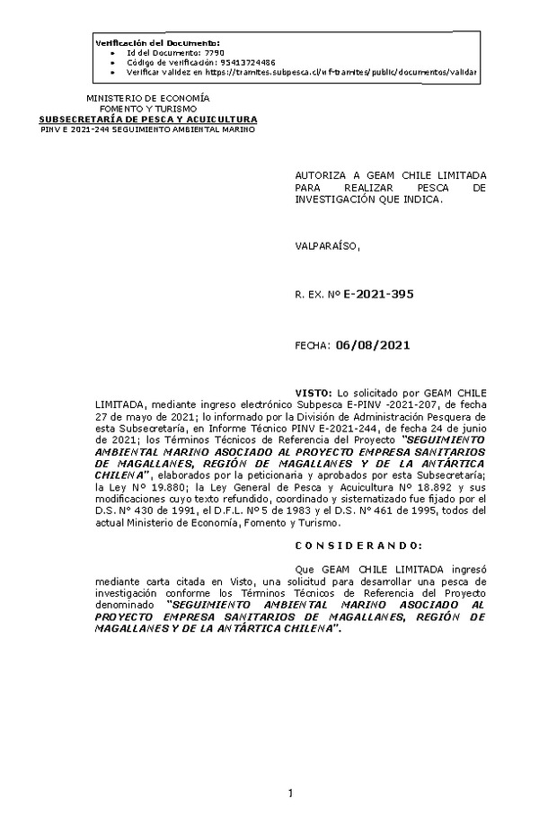 R. EX. Nº E-2021-395 SEGUIMIENTO AMBIENTAL MARINO ASOCIADO AL PROYECTO EMPRESA SANITARIOS DE MAGALLANES, REGIÓN DE MAGALLANES Y DE LA ANTÁRTICA CHILENA. (Publicado en Página Web 06-08-2021)