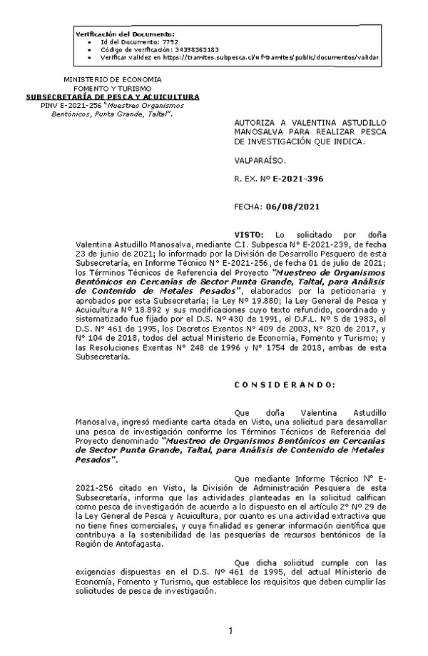 R. EX. Nº E-2021-396 Muestreo de Organismos Bentónicos en Cercanías de Sector Punta Grande, Taltal, para Análisis de Contenido de Metales Pesados. (Publicado en Página Web 06-08-2021)