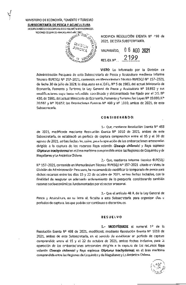 Res. Ex. N° 2199-2021 Modifica Res. Ex. N° 498-2021 que Estableció Periodo de Captura para raya Volantín y Raya Espinosa, Año 2021. (Publicado en Página Web 09-08-2021)