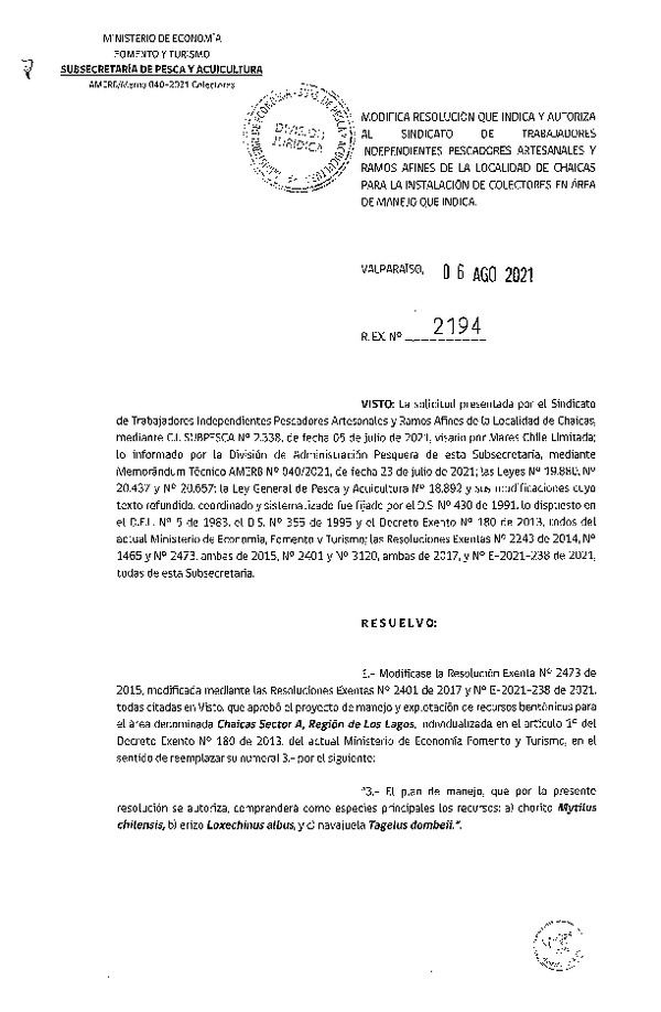 Res. Ex. N° 2194-2021 Modifica resolución que indica, Autoriza instalación de colectores. (Publicado en Página Web 09-08-2021)