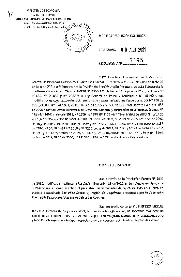 Res. Ex. N° 2195-2021 Modifica Res. Ex. N° 3404-2018. (Publicado en Página Web 09-08-2021)