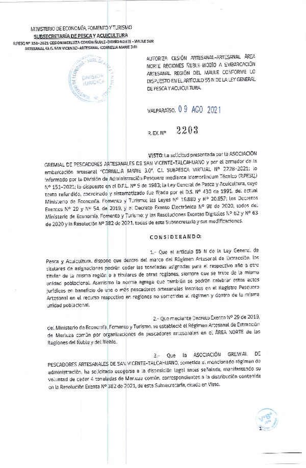 Res. Ex. N° 2203-2021 Autoriza cesión de Merluza Común Región de Ñuble- Biobío a Maule. (Publicado en Página Web 09-08-2021
