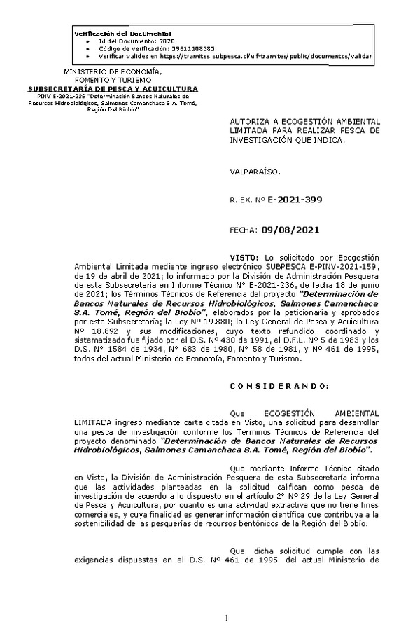 R. EX. Nº E-2021-399 Determinación de Bancos Naturales de Recursos Hidrobiológicos, Salmones Camanchaca S.A. Tomé, Región del Biobío. (Publicado en Página Web 09-08-2021)