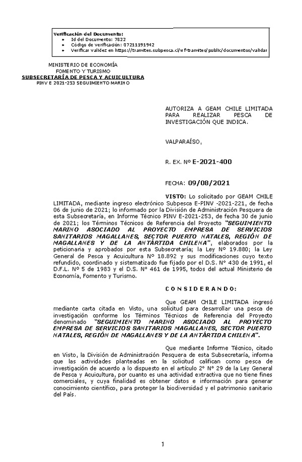 R. EX. Nº E-2021-400 SEGUIMIENTO MARINO ASOCIADO AL PROYECTO EMPRESA DE SERVICIOS SANITARIOS MAGALLANES, SECTOR PUERTO NATALES, REGIÓN DE MAGALLANES Y DE LA ANTÁRTIDA CHILENA. (Publicado en Página Web 10-08-2021)