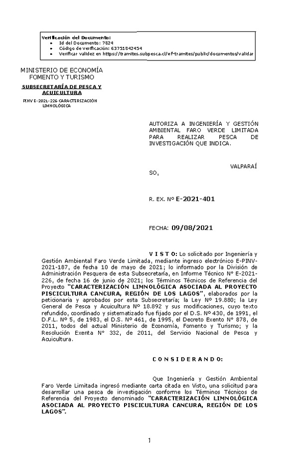 R. EX. Nº E-2021-401 CARACTERIZACIÓN LIMNOLÓGICA ASOCIADA AL PROYECTO PISCICULTURA CANCURA, REGIÓN DE LOS LAGOS. (Publicado en Página Web 10-08-2021)