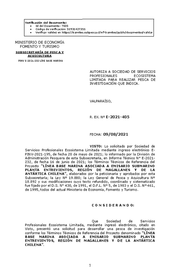 R. EX. Nº E-2021-405 LÍNEA BASE MARINA ASOCIADA A EMISARIO SUBMARINO PLANTA ENTREVIENTOS, REGIÓN DE MAGALLANES Y DE LA ANTÁRTICA CHILENA. (Publicado en Página Web 10-08-2021)