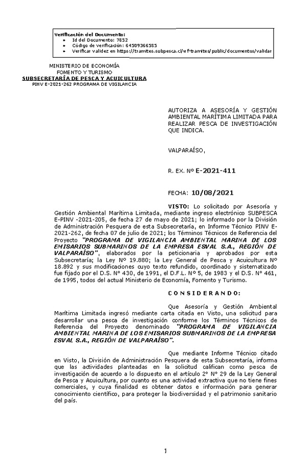 R. EX. Nº E-2021-411 PROGRAMA DE VIGILANCIA AMBIENTAL MARINA DE LOS EMISARIOS SUBMARINOS DE LA EMPRESA ESVAL S.A., REGIÓN DE VALPARAÍSO. (Publicado en Página Web 10-08-2021)