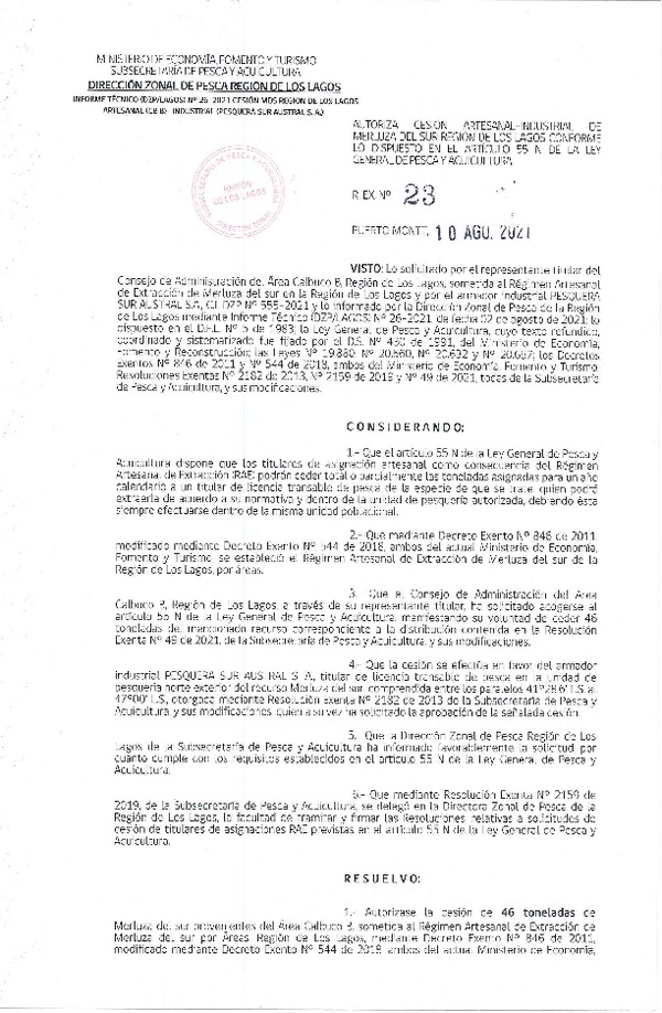 Res. Ex. N° 23-2021 (DZP Región de Los Lagos) Autoriza cesión Merluza del Sur (Publicado en Página Web 11-08-2021)