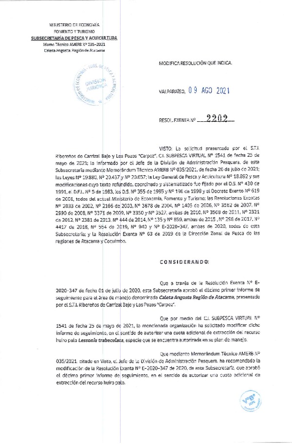 Res. Ex. N° 2202-2021 Modifica RESOL. EXENTA Nº E-2020-347 Modifica Resolución que Indica. Aprueba 11° Seguimiento. (Publicado en Página Web 12-08-2021)