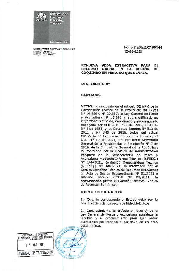 Dec. Ex. Folio 202100144 Renueva Veda Extractiva Para el Recurso Macha en la Región de Coquimbo. (Publicado en Página Web 12-08-2021)