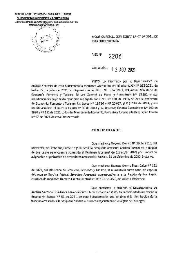 Res. Ex. N° 2206-2021 Modifica Res. Ex. N° 07-2021 Distribución de la Fracción Artesanal de Pesquería de Sardina Austral, Región de Los Lagos, Año 2021. (Publicado en Página Web 13-08-2021)