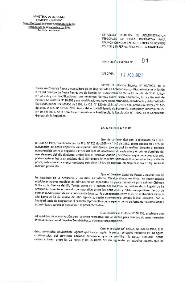 Res. Ex. N° 01-2021 (DZP La Araucanía y Los Ríos) Establece Medidas de Administración Especiales de Pesca Recreativa Para Salmón Chinook en las Cuencas de los Ríos Toltén e Imperial, Región de La Araucanía . (Publicado en Página Web 13-08-2021)