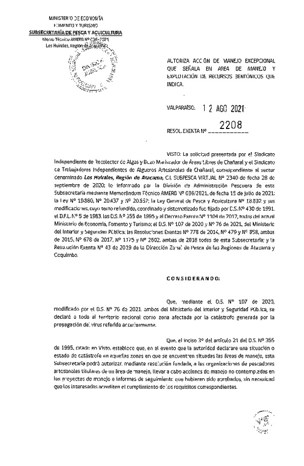 Res. Ex. N° 2208-2021 Autoriza acción de manejo que señala. (Publicado en Página Web 16-08-2021)