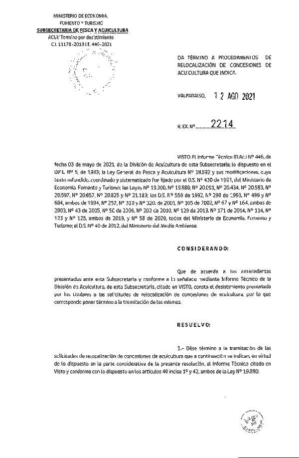 Res. Ex. N° 2214-2021 Da término a procedimientos de relocalización de concesión de acuicultura que indica.