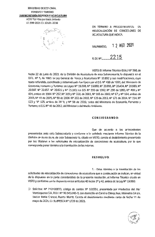 Res. Ex. N° 2215-2021 Da término a procedimientos de relocalización de concesiones de acuicultura que indica.