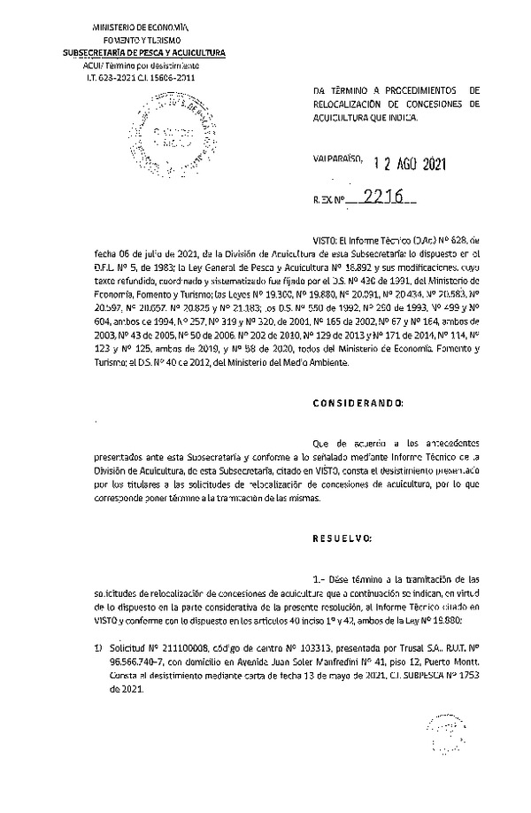 Res. Ex. N° 2216-2021 Da término a procedimientos de relocalización de concesiones de acuicultura que indica.