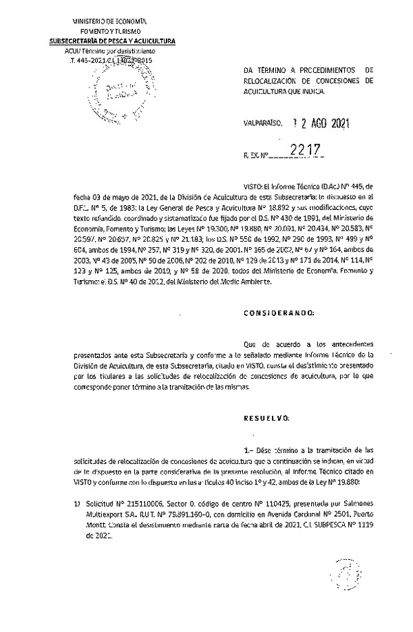 Res. Ex. N° 2217-2021 Da término a procedimientos de relocalización de concesiones de acuicultura que indica.