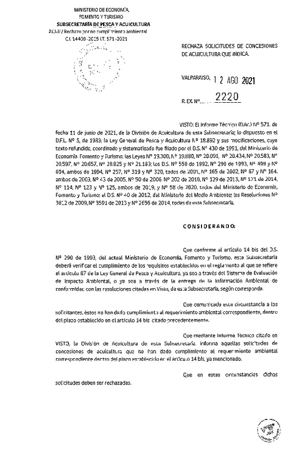 Res. Ex. N° 2220-2021 Rechaza solicitudes de concesiones de acuicultura que indica.