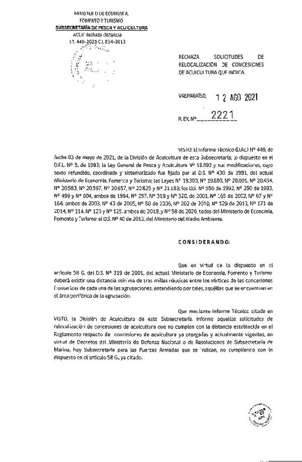 Res. Ex. N° 2221-2021 Rechaza solicitudes de relocalización de concesiones de acuicultura que indica.