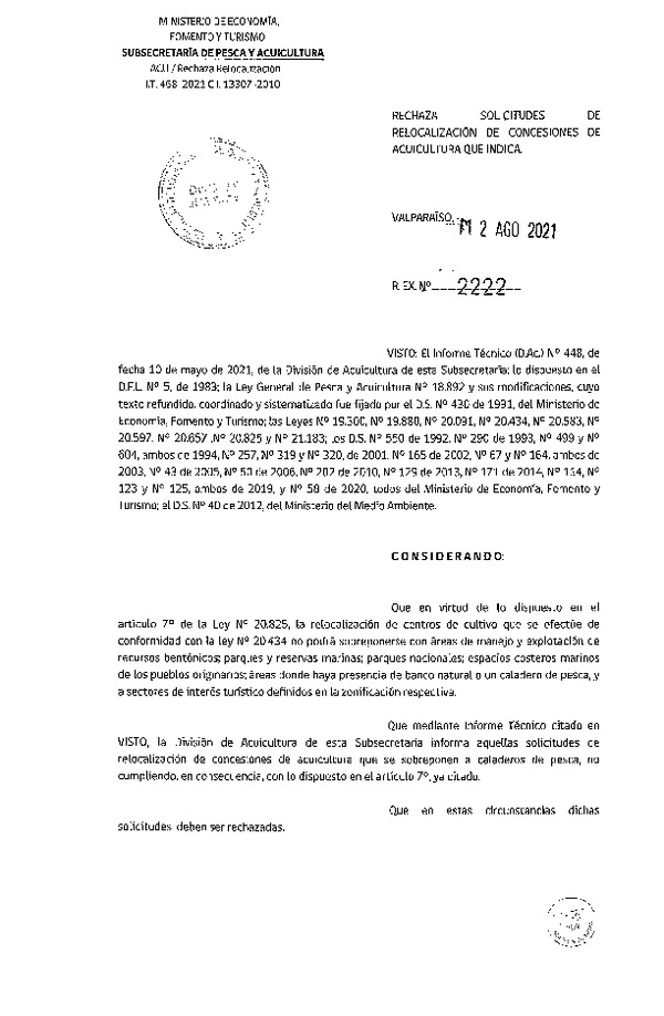 Res. Ex. N° 2222-2021 Rechaza solicitudes de relocalización de concesiones de acuicultura que indica.