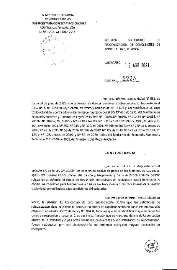 Res. Ex. N° 2223-2021 Rechaza solicitudes de relocalización de concesiones de acuicultura que indica.