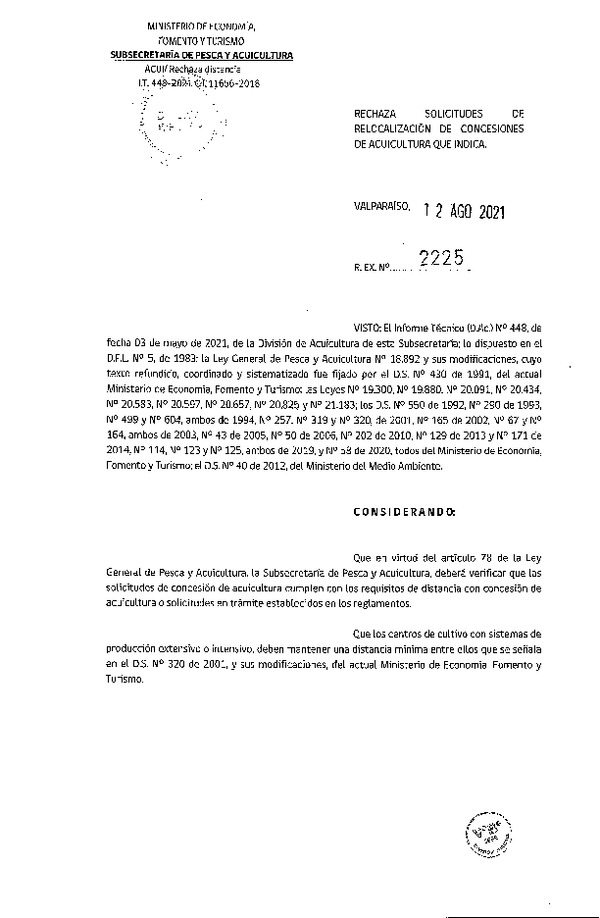 Res. Ex. N° 2225-2021 Rechaza solicitudes de relocalización de concesiones de acuicultura que indica.