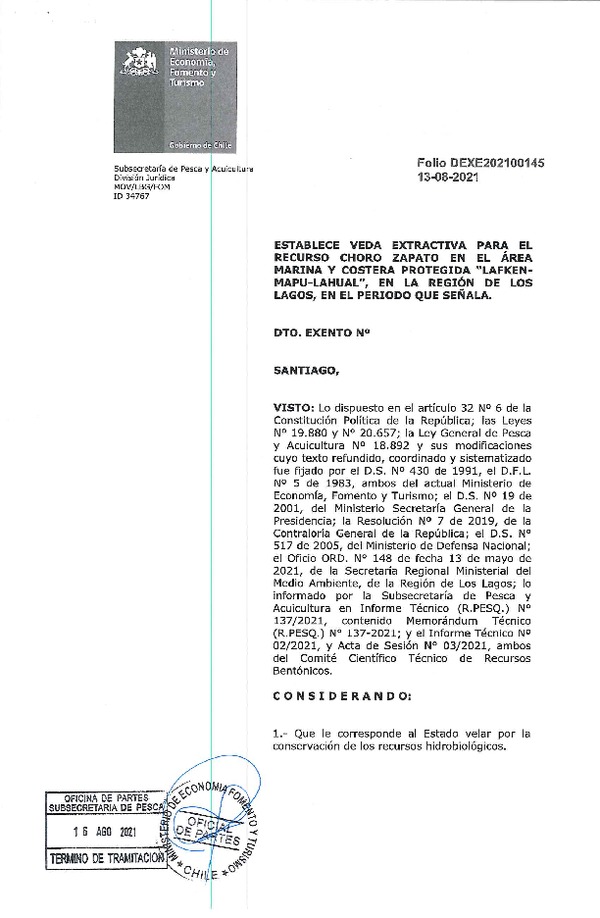 Dec. Ex. Folio N°202100145 Establece Veda Extractiva para el Recurso Choro Zapato en el Área Marina y Costera Protegida "Lafken-Mapu-Lahual", en la Región de Los Lagos. (Publicado en Página Web 16-08-2021)